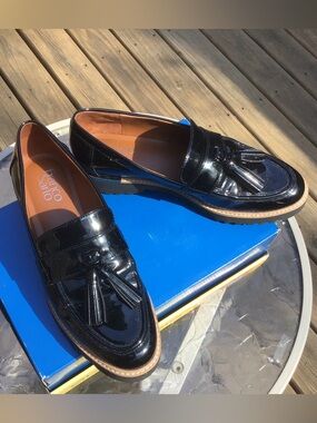 Women’s Franco Sarto Black Patent Tassel Loafers Size 8 in EUC!